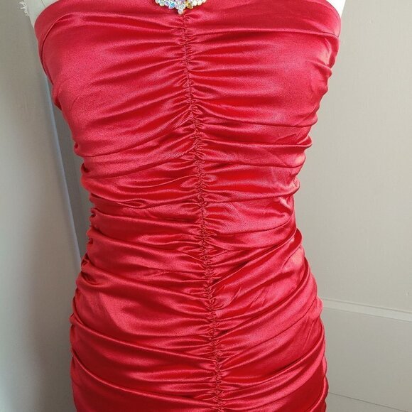 Vintage Jessica McClintock Dress Halter Satin Strapless Ruched Faux Diamonds 80s - Picture 4 of 7